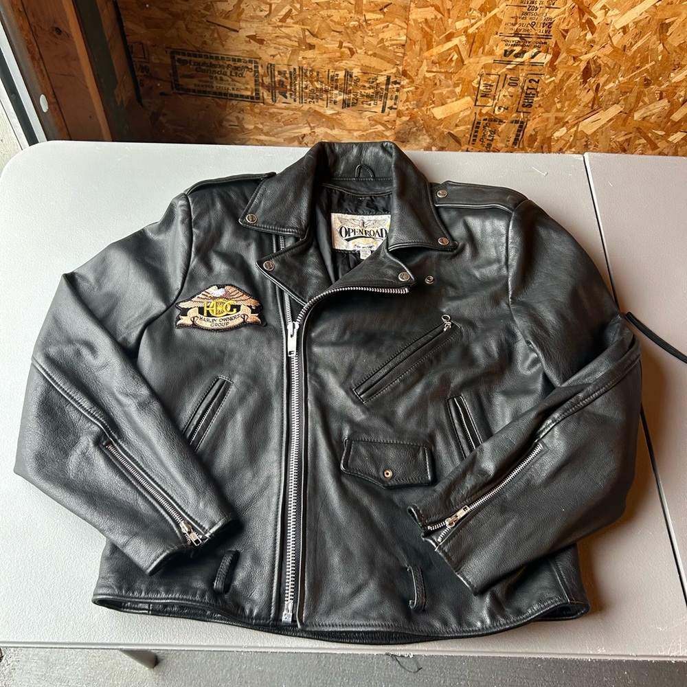 Wilson’s Open Road Black Leather Biker Jacket with Patch Detail like new
